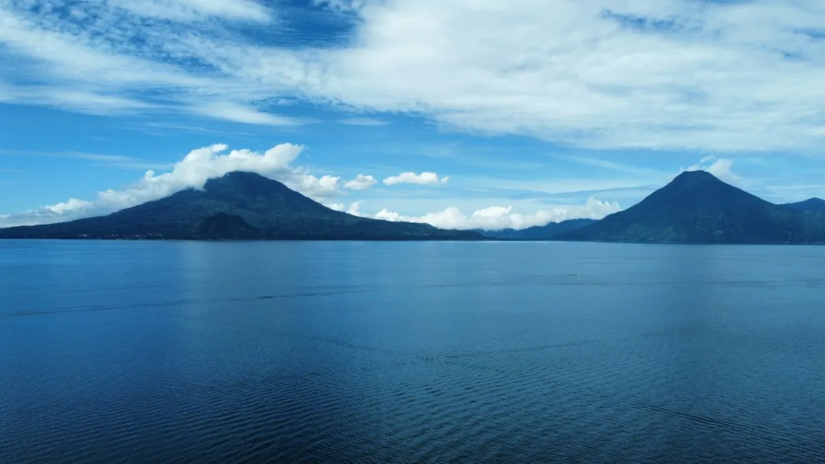Lake Atitlán with mountains in the distance